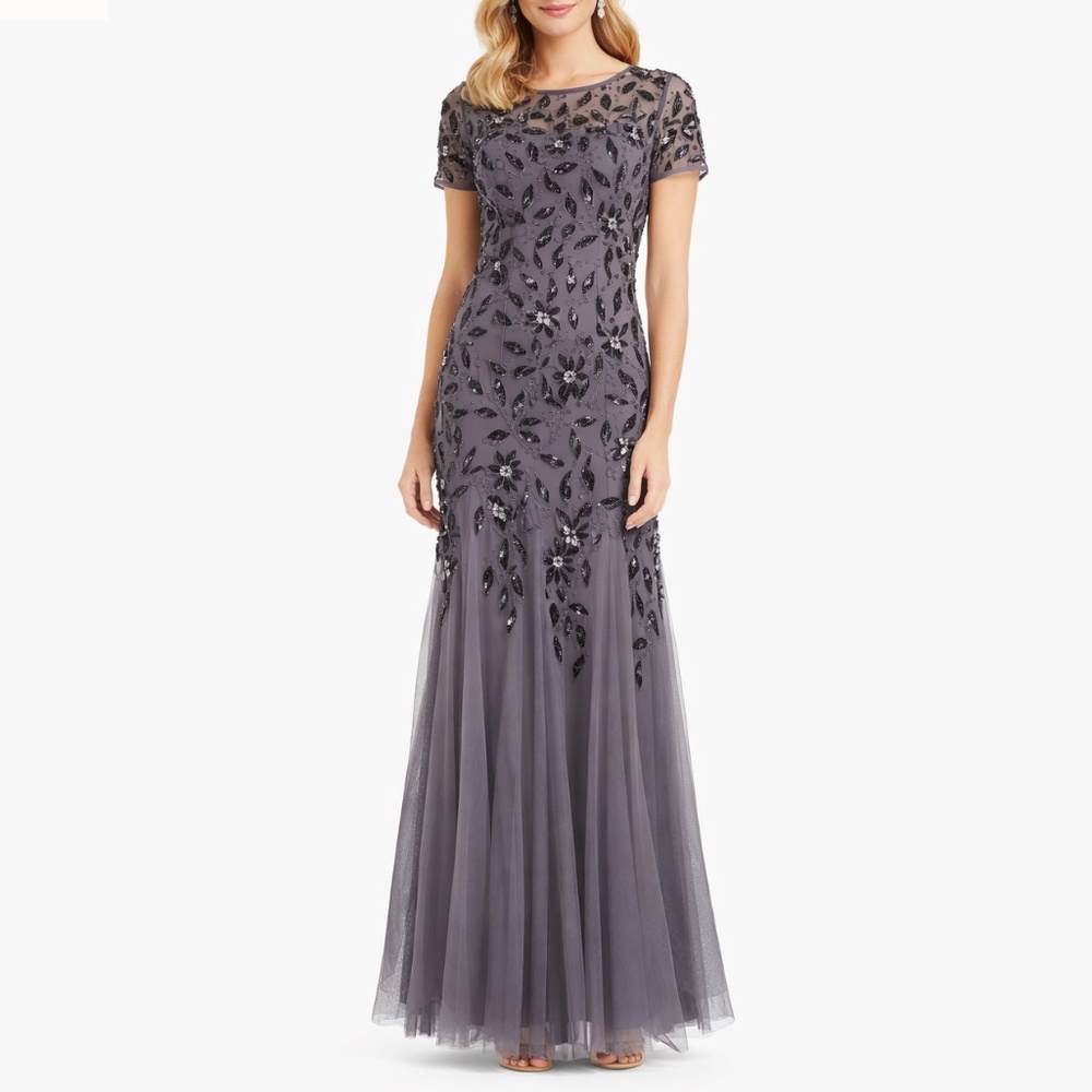 Adrianna Papell - Hand Beaded Short Sleeve Floral Godet Gown